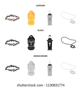 A crown of thorns, a star of David, a priest, a buddha head. Religion set collection icons in cartoon,black,monochrome style vector symbol stock illustration web.