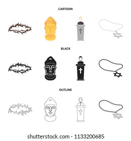 A crown of thorns, a star of David, a priest, a buddha head. Religion set collection icons in cartoon,black,outline style vector symbol stock illustration web.