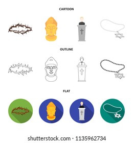 A crown of thorns, a star of David, a priest, a buddha head. Religion set collection icons in cartoon,outline,flat style vector symbol stock illustration web.