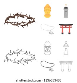 A crown of thorns, a star of David, a priest, a buddha head. Religion set collection icons in cartoon,outline style vector symbol stock illustration web.