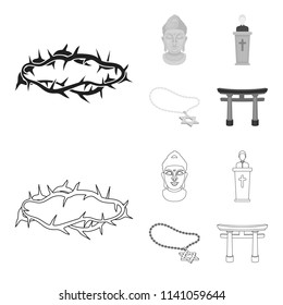 A crown of thorns, a star of David, a priest, a buddha head. Religion set collection icons in outline,monochrome style vector symbol stock illustration web.