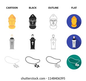 A crown of thorns, a star of David, a priest, a buddha head. Religion set collection icons in cartoon,black,outline,flat style vector symbol stock illustration web.