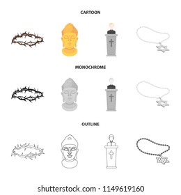 A crown of thorns, a star of David, a priest, a buddha head. Religion set collection icons in cartoon,outline,monochrome style vector symbol stock illustration web.