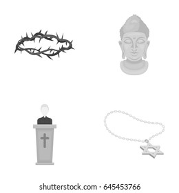 A crown of thorns, a star of David, a priest, a buddha s head. Religion set collection icons in monochrome style vector symbol stock illustration web.