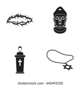 A crown of thorns, a star of David, a priest, a buddha s head. Religion set collection icons in black style vector symbol stock illustration web.