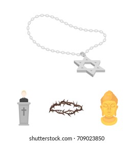 A crown of thorns, a star of David, a priest, a buddha's head. Religion set collection icons in cartoon style vector symbol stock illustration web.