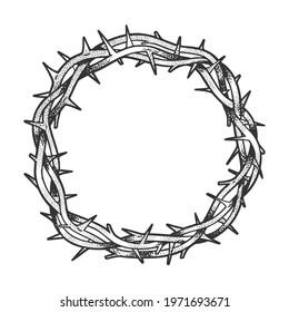 Crown of thorns tattoo sketch engraving vector illustration. T-shirt apparel print design. Scratch board imitation. Black and white hand drawn image.