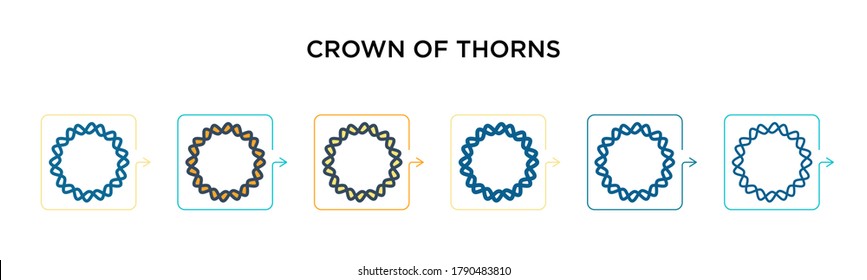 Corona de vectores de espinas icono en 6 estilos modernos diferentes. Negro, corona de dos coloridos iconos de espinas diseñados en el estilo relleno, contorno, línea y trazo. La ilustración vectorial puede utilizarse para la web, el móvil,