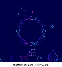 Crown of Thorns Vector Line Icon. Jesus Christ Crucifixion Gradient Symbol, Pictogram, Sign. Dark Blue Background. Light Abstract Geometric Background. Related Bottom Border