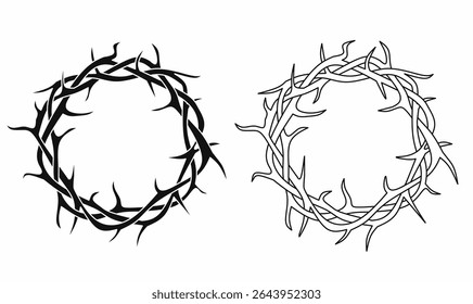 Crown of thorns vector set in silhouette and outline style, religious Christian icon, Easter, passion of Christ, symbolic art,frame, editable clipart for print and design use.