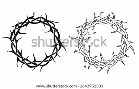 Crown of thorns vector set in silhouette and outline style, religious Christian icon, Easter, passion of Christ, symbolic art,frame, editable clipart for print and design use.