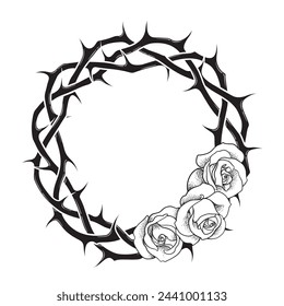 Crown of thorns wreath with roses hand drawn isolated vector illustration flash tattoo or print design