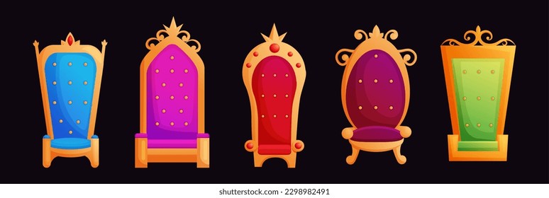 Corona. Silla de oro. El asiento de los emperadores. Sillón real rey. Talla de lujo en 3D. Decoración de sofás. Mobiliario clásico aislado. El conjunto de elementos interiores del palacio. Ilustración de dibujos animados