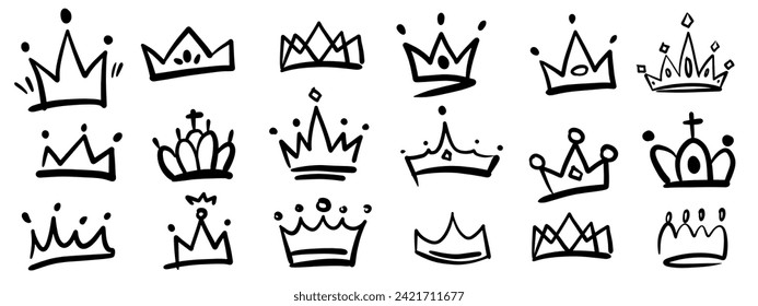 Crown, tiara, diadema grunge crayon pencil marker hand drawn doodle. Scribble bullet journal sticker pack set ink paint bruh isolated on white background.