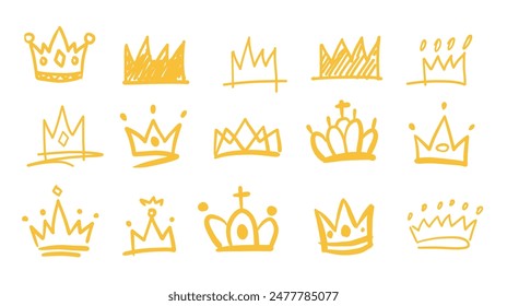 Crown, tiara, diadema grunge crayon pencil marker hand drawn doodle. Scribble bullet journal sticker pack set ink paint bruh isolated on white background.Doodle funny royal diadema, crown, headdress