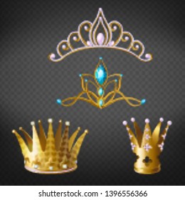 Crown, tiara, golden diadem for princess or queen set isolated on transparent background. Royal crowning headdress with gems for Monarch. Gold monarchy medieval coronation symbol, imperial sign