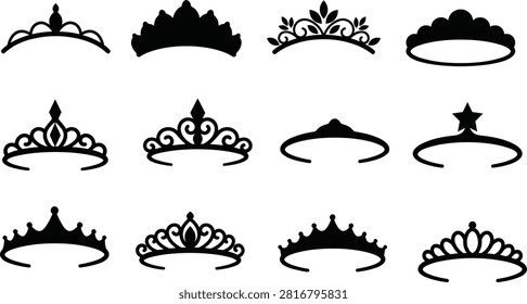Crown and Tiara Icon Set Featuring Princess Tiaras Royal Diadems Queen Crowns and Luxury Headpiece Silhouette Vector Elements