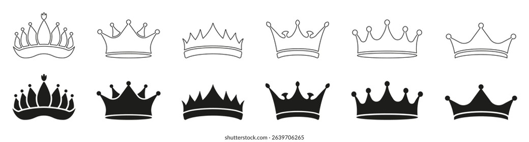 Crown and Tiara Outline and Solid Icon Set. Elegant Royal Headpieces Symbolizing Power, Nobility. King and Queen Coronation Silhouette and Line Art Symbol. Isolated Vector Illustration.