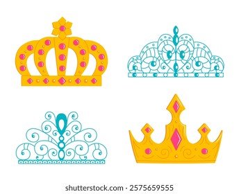 Crown and tiara set. Collection of royal headdresses. Illustration of royal crown and princess tiara. Vector illustration