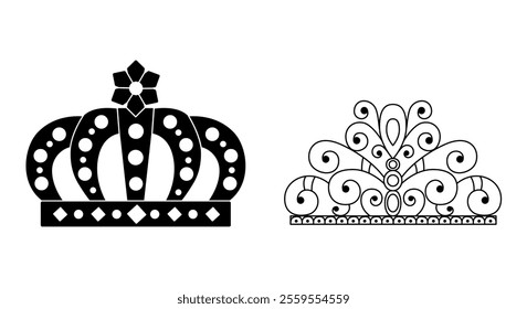 Crown and tiara silhouette. Illustration of royal crown and princess tiara. Vector illustration	