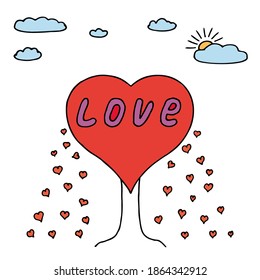 The crown of the tree in the form of a red heart with the inscription "love" in the middle. Leaves in the form of hearts fall from a tree. Clouds and sun on top. Hand drawn illustration.