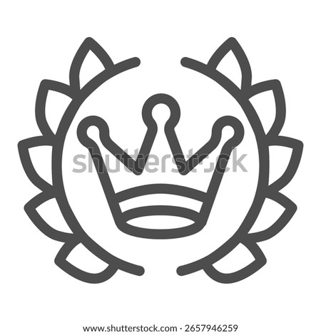 Crown with two laurel branches line icon, traveler survey concept. Vector graphics. Royal seal stamp, luxury sign on white background, outline style icon for mobile or web design
