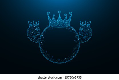 Crown and two snakes in the form of a ring low poly design, luxury wireframe mesh polygonal vector illustration made from points and lines on dark blue background