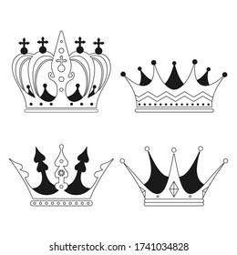 Crown vector black silhouette set isolated on white background.