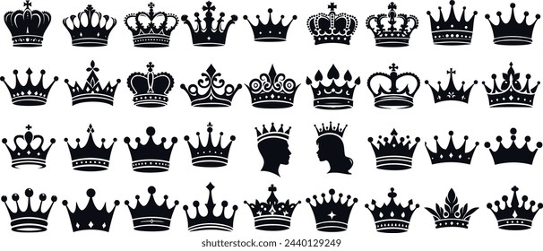 Crown vector collection, royal luxury symbols, black crown silhouettes, diverse crowns designs, isolated on white background, symbolizing power, authority, and majesty. svg