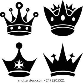 Kronen-Vektorgrafik-Kollektion, königliche Luxussymbole, schwarze Kronsilhouetten, verschiedene Kronen-Designs, isoliert auf weißem Hintergrund, symbolisiert Macht, Autorität und Majestät