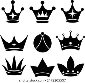 Kronen-Vektorgrafik-Kollektion, königliche Luxussymbole, schwarze Kronsilhouetten, verschiedene Kronen-Designs, isoliert auf weißem Hintergrund, symbolisiert Macht, Autorität und Majestät