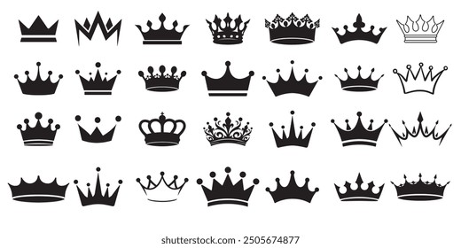 Crown vector collection, royal luxury symbols, black crown silhouettes, diverse crowns designs, isolated on white background, symbolizing power, authority,