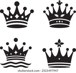 Crown vector collection, royal luxury symbols, black crown silhouettes, diverse crowns designs, crown set vector.