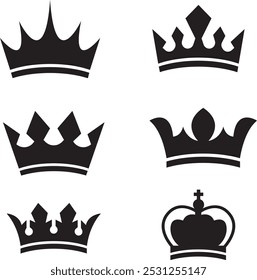 Crown vector collection, royal luxury symbols, black crown silhouettes, diverse crowns designs, isolated on white background