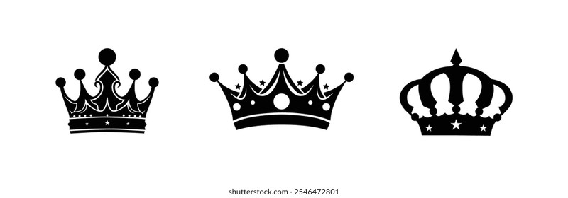 Crown vetor coleção, símbolos de luxo real, silhuetas de coroa negra, desenhos de coroas diversas, isolado em fundo branco, simbolizando poder, autoridade, ilustração vetorial.