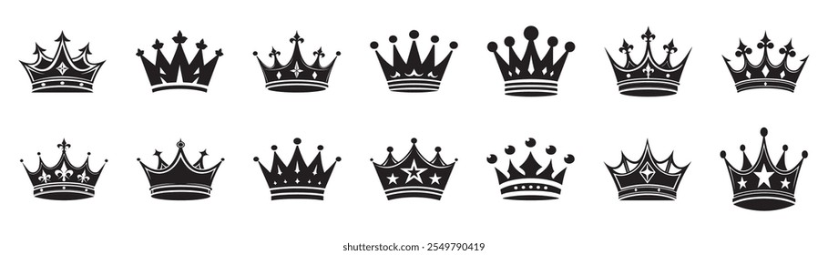 Crown vetor coleção, símbolos de luxo real, silhuetas de coroa negra, diversos desenhos de coroas, isolado no fundo branco, simbolizando poder, autoridade,