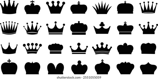 Símbolos de Vector de la corona, colecciones de lujo reales, íconos de corona negra, siluetas de símbolos de corona reales.
