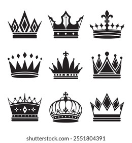 Crown vetor coleção, símbolos de luxo real, silhuetas de coroa negra, diversos desenhos de coroas, isolado no fundo branco, simbolizando poder, autoridade,
