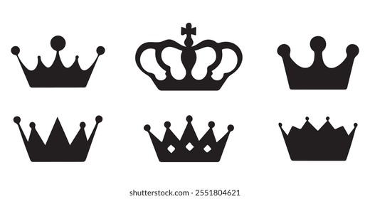 Crown vetor coleção, símbolos de luxo real, silhuetas de coroa negra, diversos desenhos de coroas, isolado no fundo branco, simbolizando poder, autoridade,

