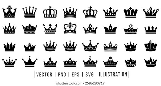 Crown vector collection, royal luxury symbols, black crown silhouettes, diverse crowns designs, isolated on white background, symbolizing power, authority, crown, king, icon, royal, queen, symbol.