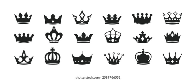 Crown vector collection, royal luxury symbols, black crown silhouettes, diverse crowns designs, isolated on white background, symbolizing power, authority,