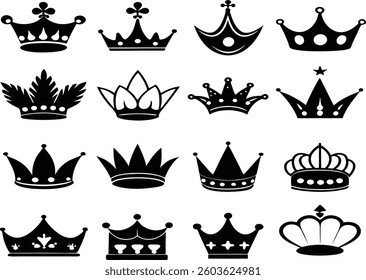 Crown vector collection, royal luxury symbols, black crown silhouettes, diverse crowns designs, isolated on white background, symbolizing power, authority,