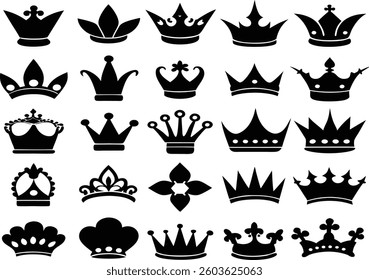 Crown vector collection, royal luxury symbols, black crown silhouettes, diverse crowns designs, isolated on white background, symbolizing power, authority,