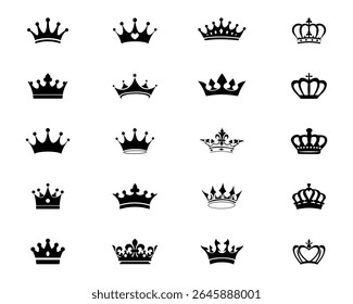 Crown vector collection, royal luxury symbols, black crown silhouettes, diverse crowns designs, isolated on white background, symbolizing power, authority, Collection of crown silhouette.