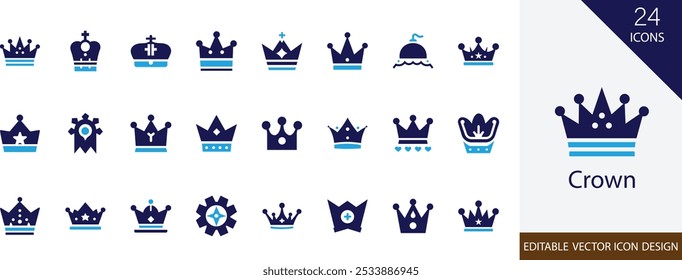 Crown vector design icon set. with Royalty, King, Queen, Monarch,  winner, success, prince and more solid illustration