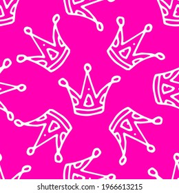 The crown vector element pattern is hand-drawn in doodle style with a white line on a bright pink background.fun girly seamless pattern of simple queen crown for postcard design template, textile 