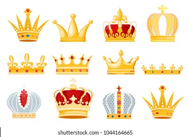 Crown vector golden royal jewelry symbol of king queen and princess illustration sign of crowning prince authority set of crown jeweles isolated on white background