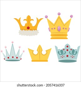 Crown vector golden royal jewelry symbol of king queen and princess illustration sign of crowning prince authority set of crown jeweles isolated on white background