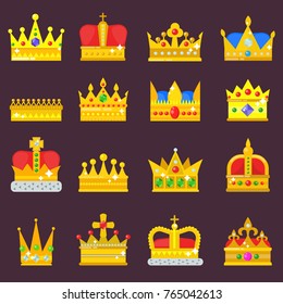 Crown vector golden royal jewelry symbol of king queen princess crowning set prince authority crown jewele isolated illustration