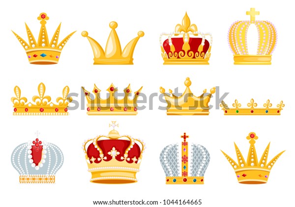 白い背景に王妃の王冠ベクターの金色の王宮の宝飾品シンボルと王女のイラスト 王冠王の権威セットのクラウニング王子の印 のベクター画像素材 ロイヤリティフリー